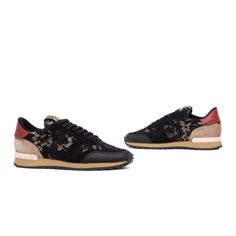 $857 VALENTINO GARAVANI Rockrunner Macramé Lace Suede Sneakers Black EU 39 US 9